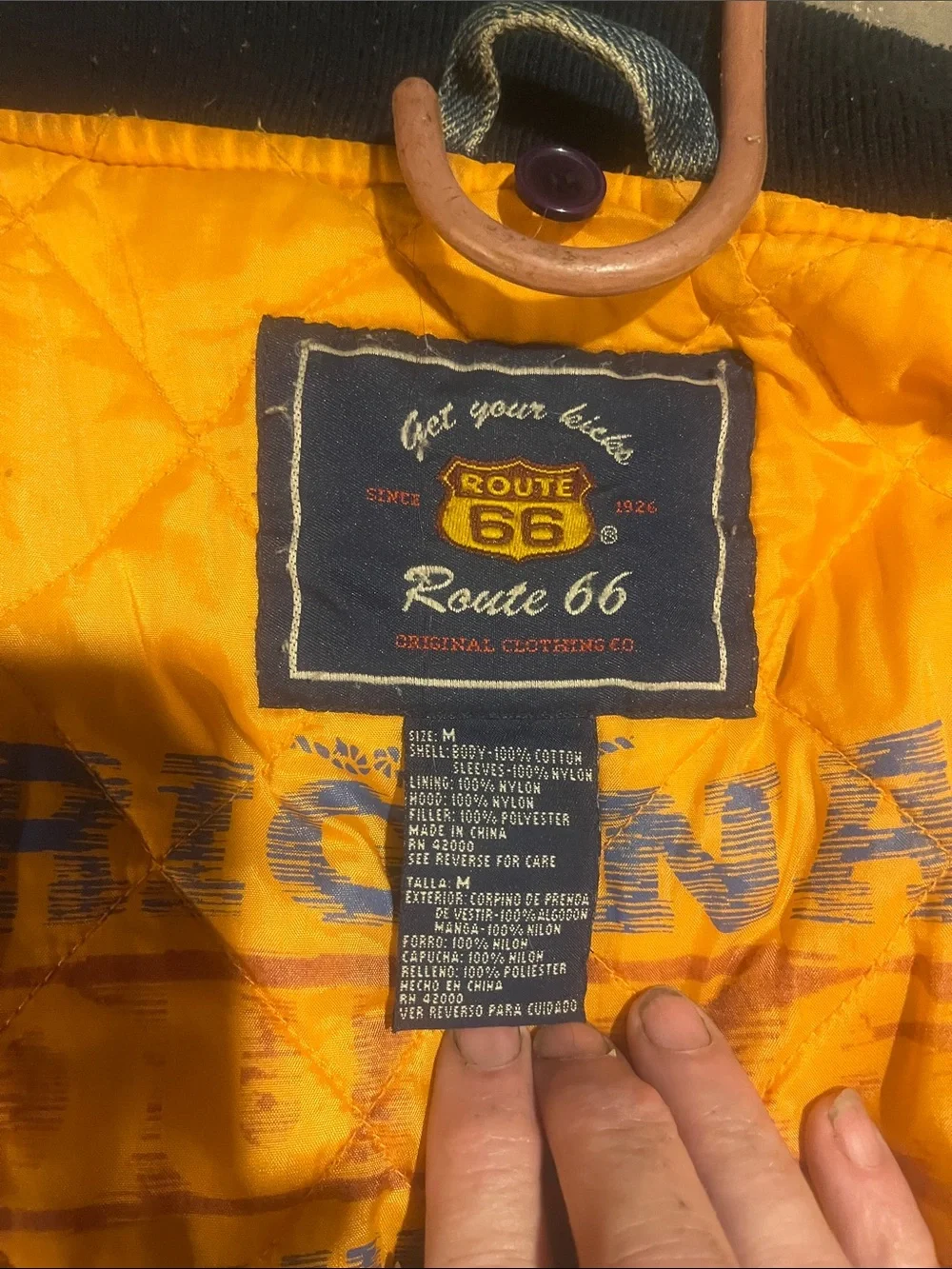 Route 66 Denim Bomber Jacket with Navy Sleeves